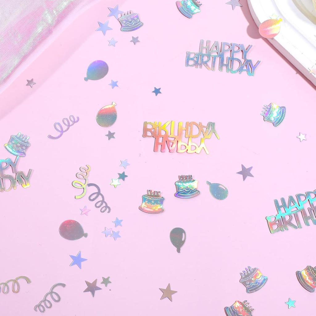 600PCS Happy Birthday Confetti, Glitter Iridescent Party Decorations, Metallic Colorful Table Scatter with Mini Cakes Balloons Stars Ribbons Confetti