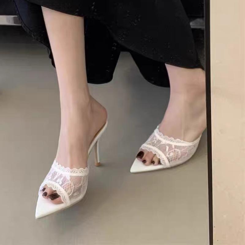 Mesh Lace Slip-On Slippers Summer New Pointed Toe Open Toe Anti-Slip Wear-Resistant High Heels