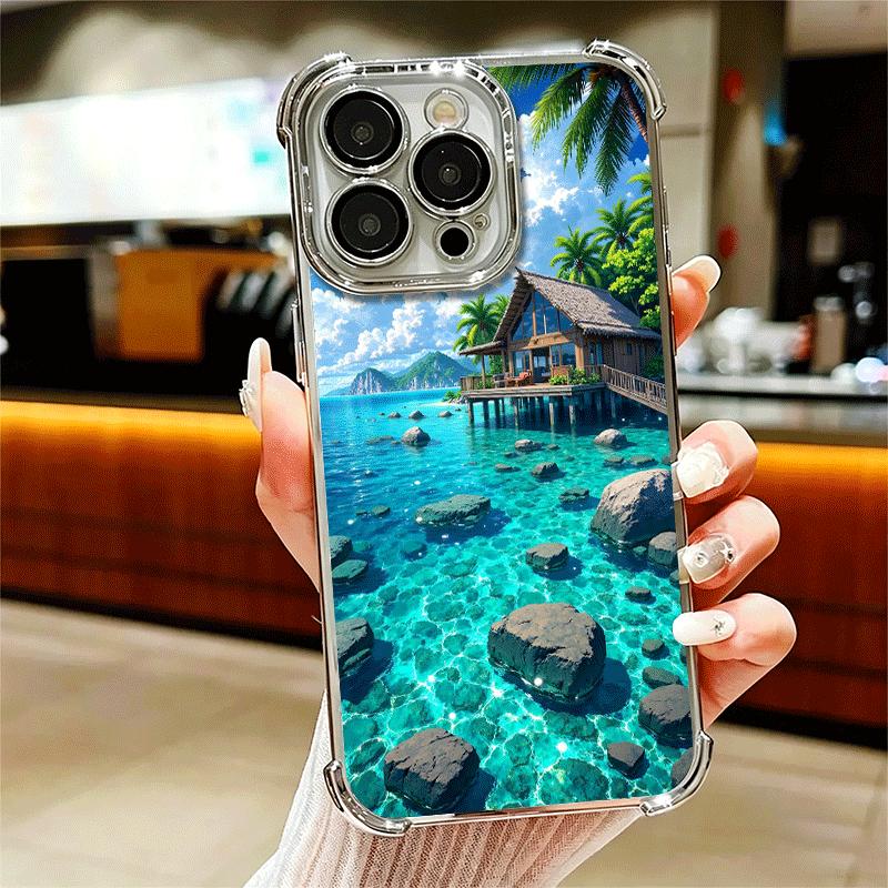 

Summer Beach Sea Palm Tree Vacation Plating Phone Case For Iphone 16 17 Pro Max Air 16E 14 15 Plus 12 13 Mini Anti-Fall Airabag iPhone 14