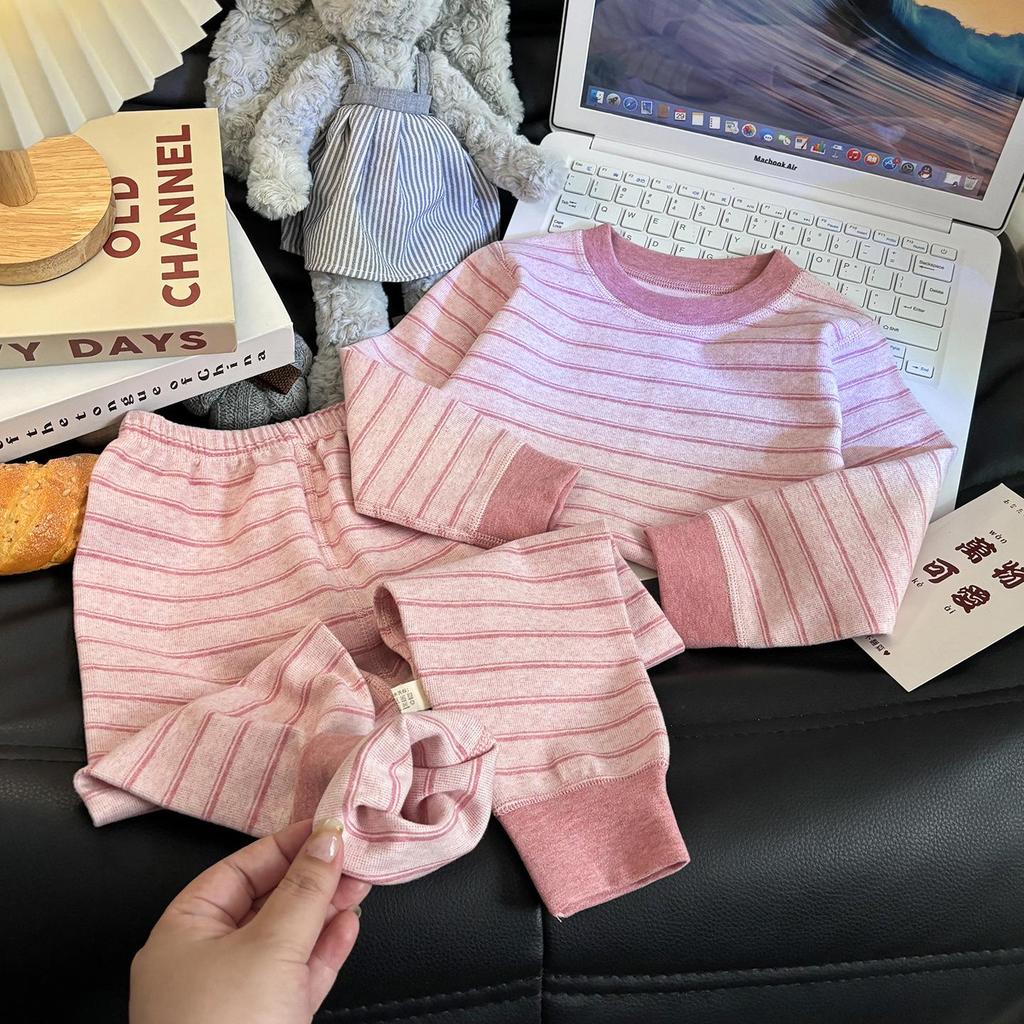 Children's Velvet Cotton Underwear Set: Thickened Autumn Striped Home Wear for Boys and Girls