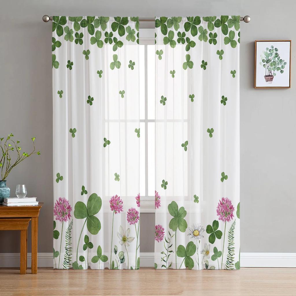 St Patrick Day Curtains Living Room Kitchen Clover Leaves Tulle Luck Wealth Irish Design Chiffon Curtain Light Filtering Polyester Area Window