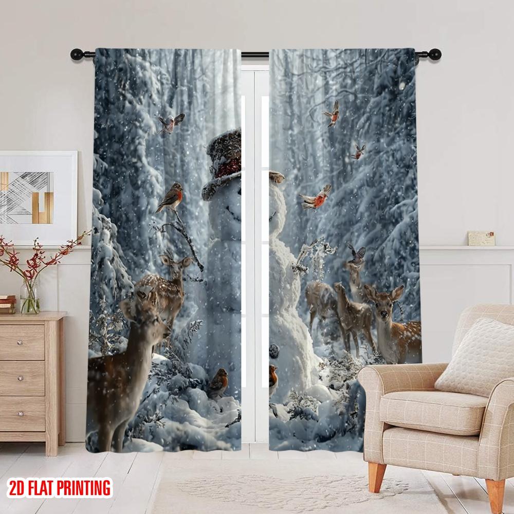 2pcs,2D Plane Printing Pattern Curtains Snowman & Reindeer Versatile Durable Polyester (without Rod) Home Decor Use for Living