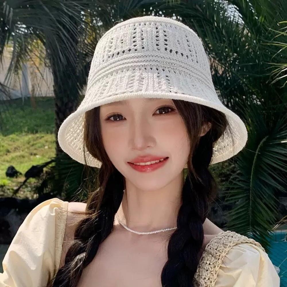 Wide Brim Fisherman Hat Knitted Bucket Hat Fashion Hollow Beach Cap  Summer