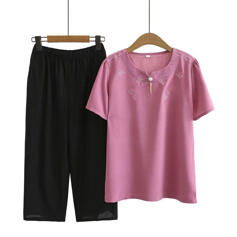 Stylish Spring Two-Piece Set for Middle-Aged Women - Loose Short-Sleeved Top & Bottom