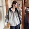 American Hooded Long-sleeved Color Contrasting Hoodie Women's 2026 New Loose Gray Design Zipper Coat Top