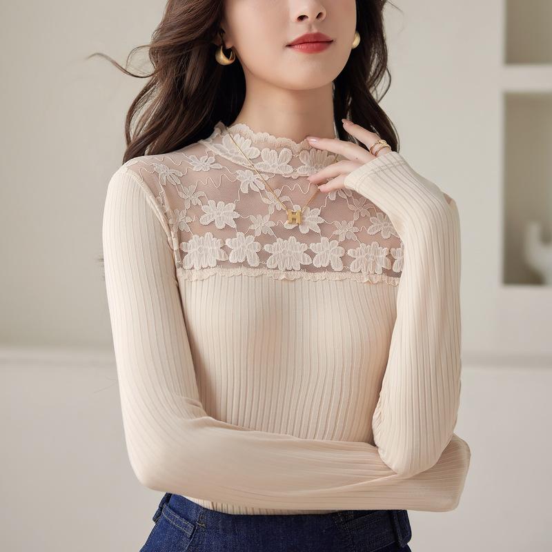 Black Bottoming Shirt Women's New High-end Splicing Top, Semi-turtleneck T-shirt In Autumn and Winter