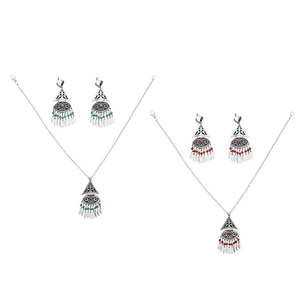 Women's Vintage Bohemian Style Tassel Hook Earrings and Necklace Jewelry Set 74GR