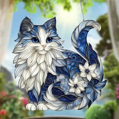 Sun Catcher Blue White Cat Decorative Light Hanging Decoration Cat Wall Art
