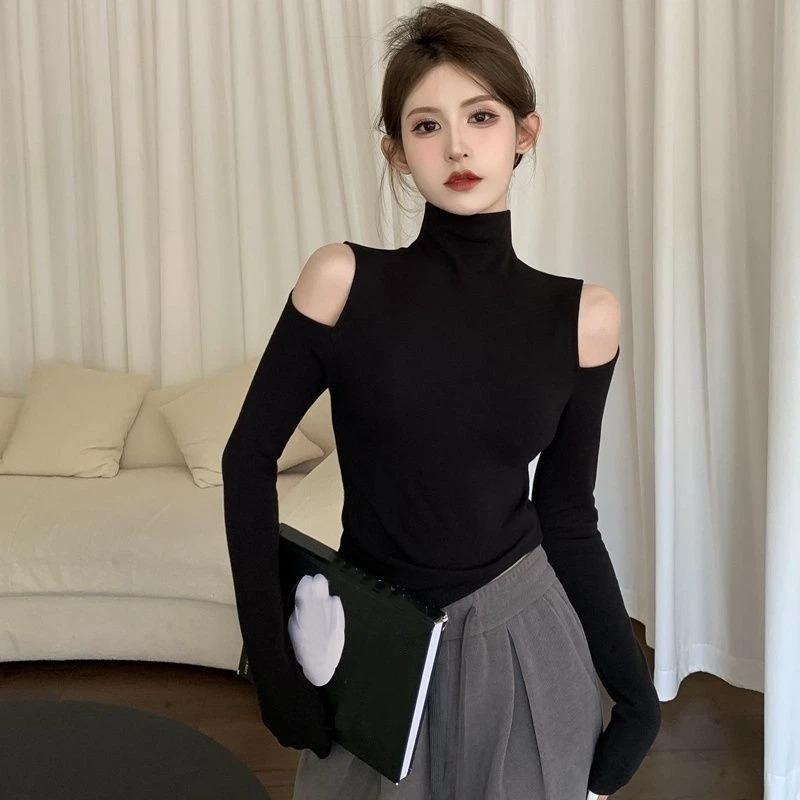 Herbst Neues Modisches Rollkragen Unterhemd Damen Langarm T-Shirt Off-Shoulder Design Top