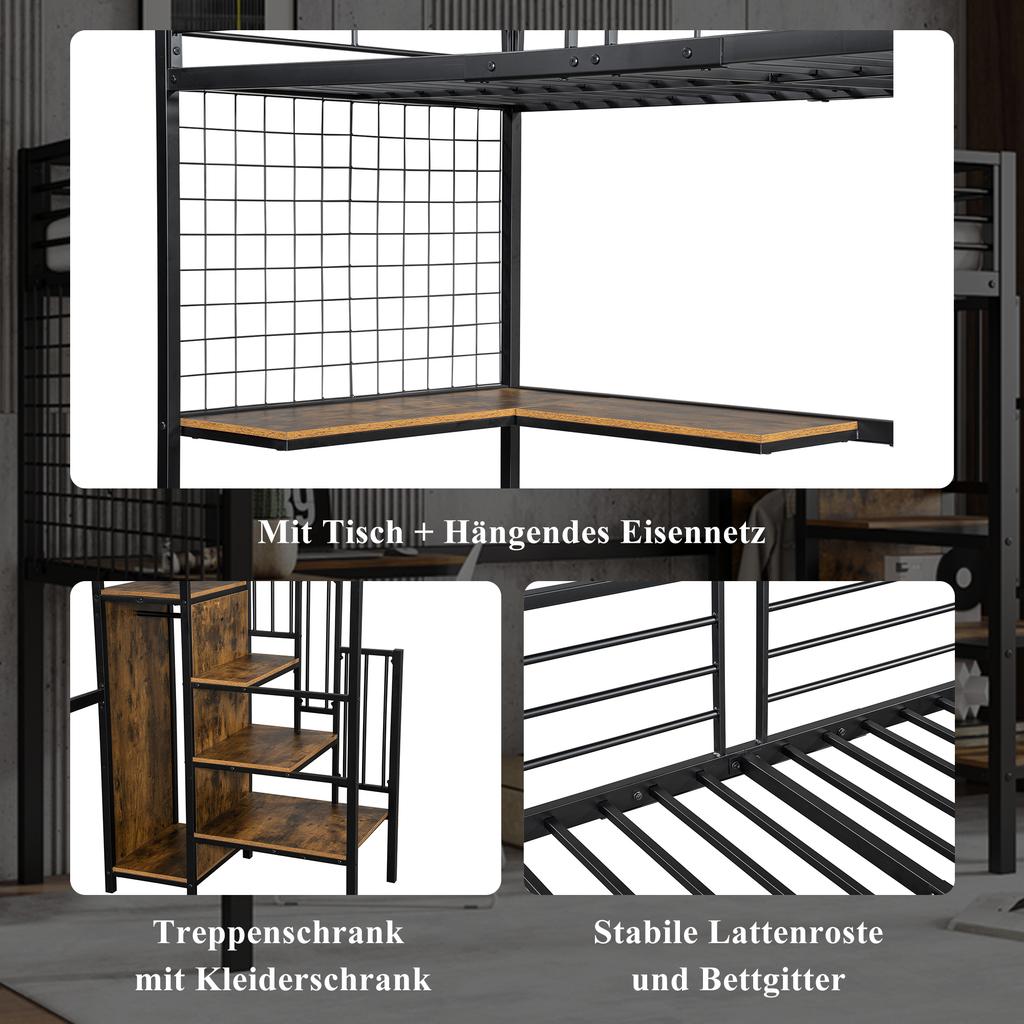 [32552890SAA] Iron Bed, Bunk Bed, Loft Bed, with Desk and Wardrobe, Side Ladder with Handrail, Iron+Chipboard, Black+Dark Wood Color, 90x200cm