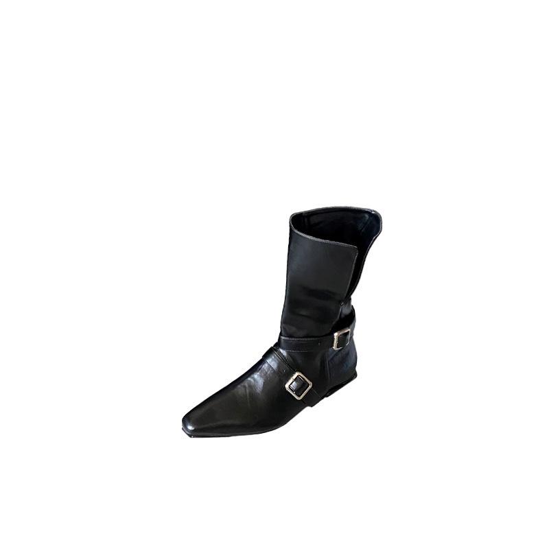2025 Suede retro small square head two wear folded thick heel belt buckle medium boots women's autumn and winter Martin boots short boots