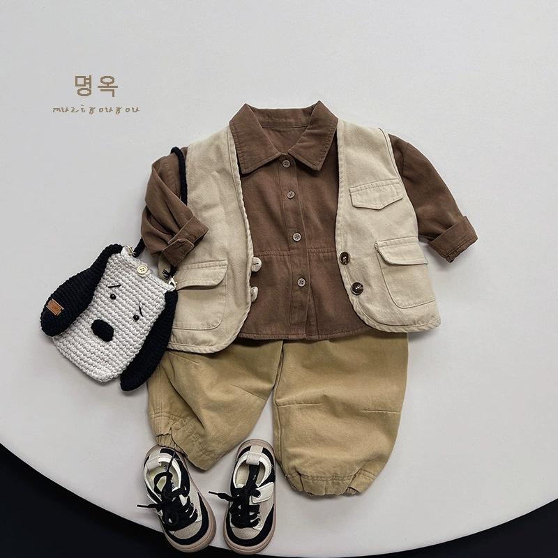 Korean boys' shirt long sleeved spring and autumn 2024 new girls' shirt baby top children's cardigan outdoor wear