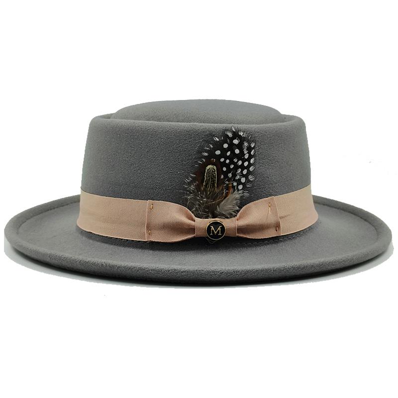 Vintage Pork Pie Hat Men feather fedora hat Webbing Decorative flip-brim Felt hats Panama Gentlemen women Church Jazz Hat