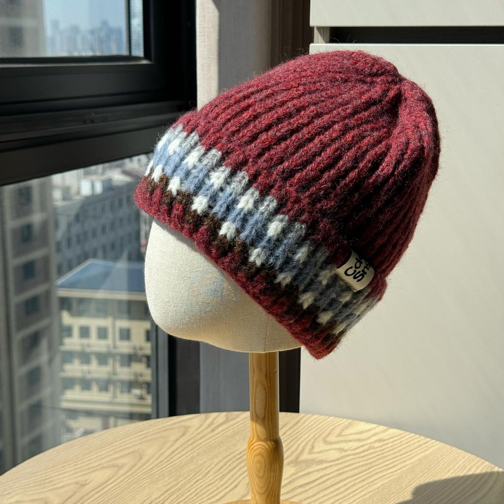 Korean Style Retro Striped Color Blocked Cold Hat New Versatile Student Thickened Warm Woolen Hat Single Layer Outdoor Knitted Hat