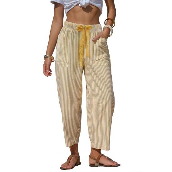 Summer Pants, Casual Wide Leg Trousers for Women, Elastic Drawstring Waist Long Trousers with Striped Print, for Everyday Wear