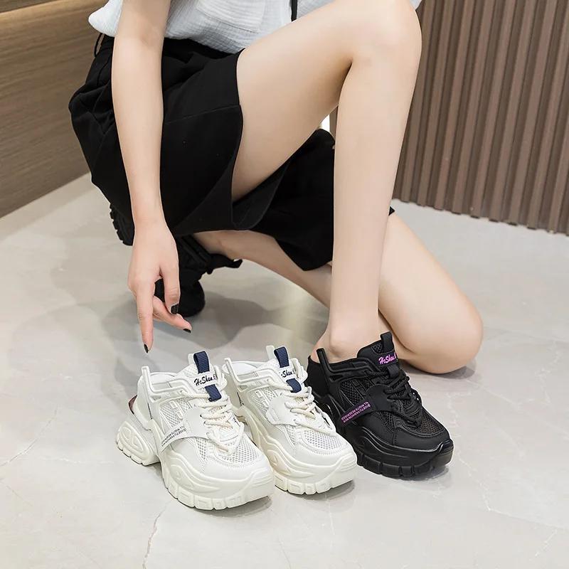 Fashion 10.5cm Air Mesh Genuine Leather Women Chunky Fashion Sneakers Platform Wedge Breathable Slippers Comfy Hollow Summer Shoes