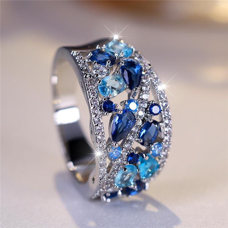 Luxury Female Blue Zircon Stone Ring Trendy Zinc Alloy Color Engagement Cute Bride Wedding Zircon Gift For Women