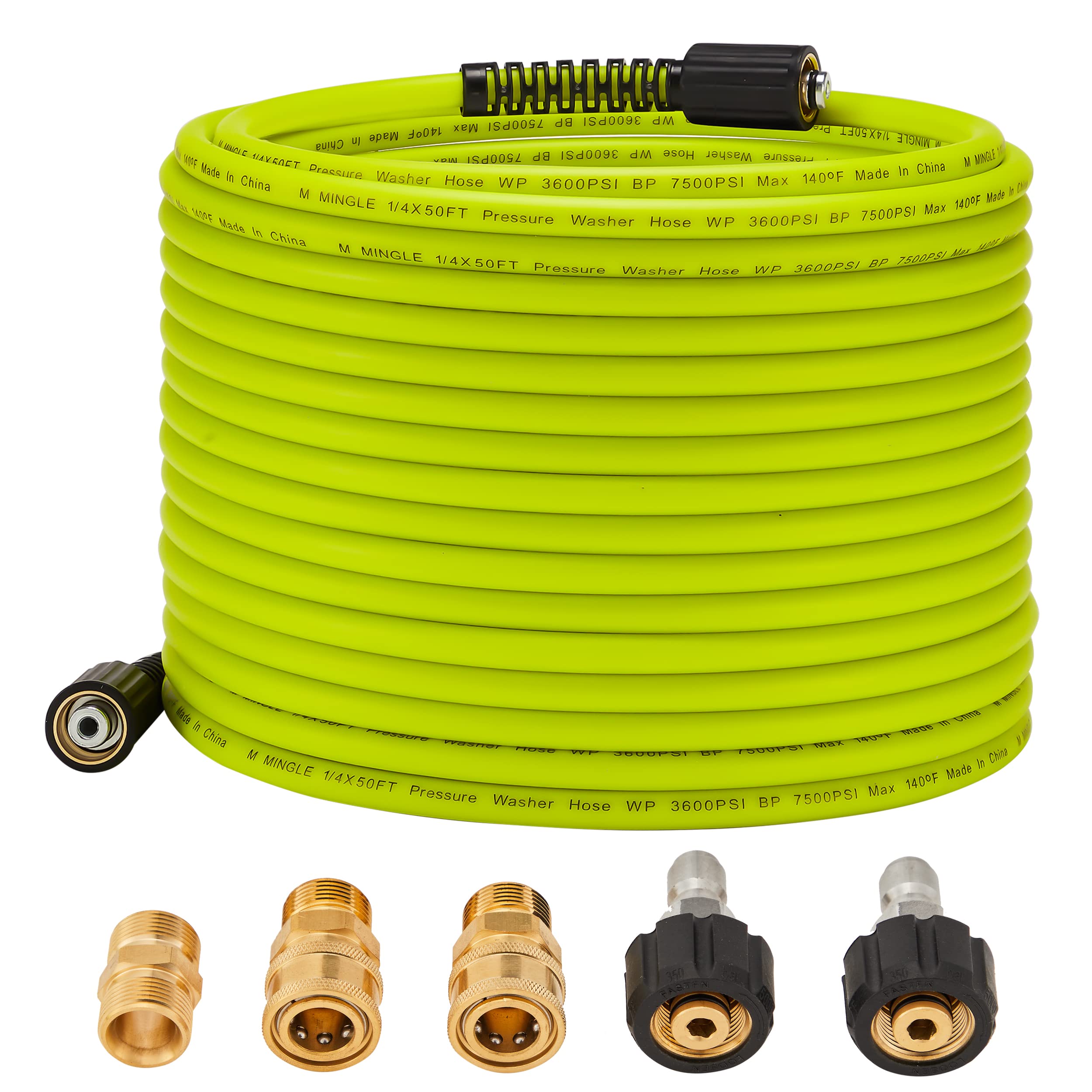 

M MINGLE 15m x 1/4 Pressure Washer Hose - Replacement Power Wash Hose with Quick Connect Kit - M22 14mm Fittings - 3600PSI