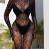 Sultry European & American Long-Sleeved Bodysuit with Fishnet Stockings - See-Through, Closed Crotch
