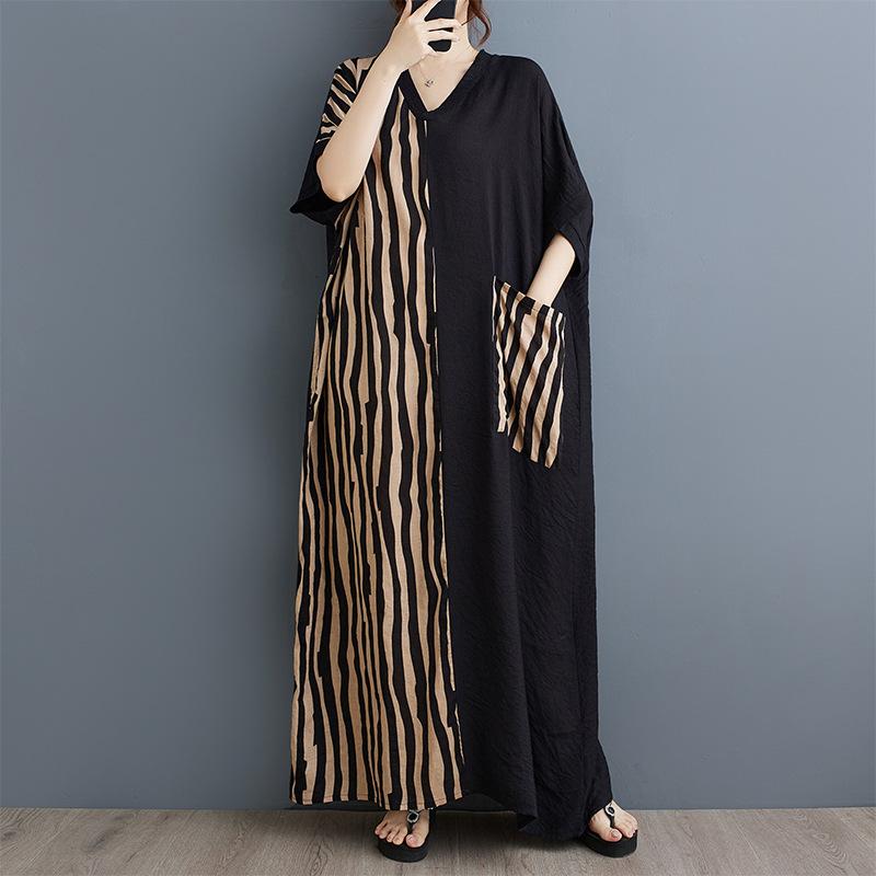 Summer Loose Plus Size Cotton Linen V-neck Dress