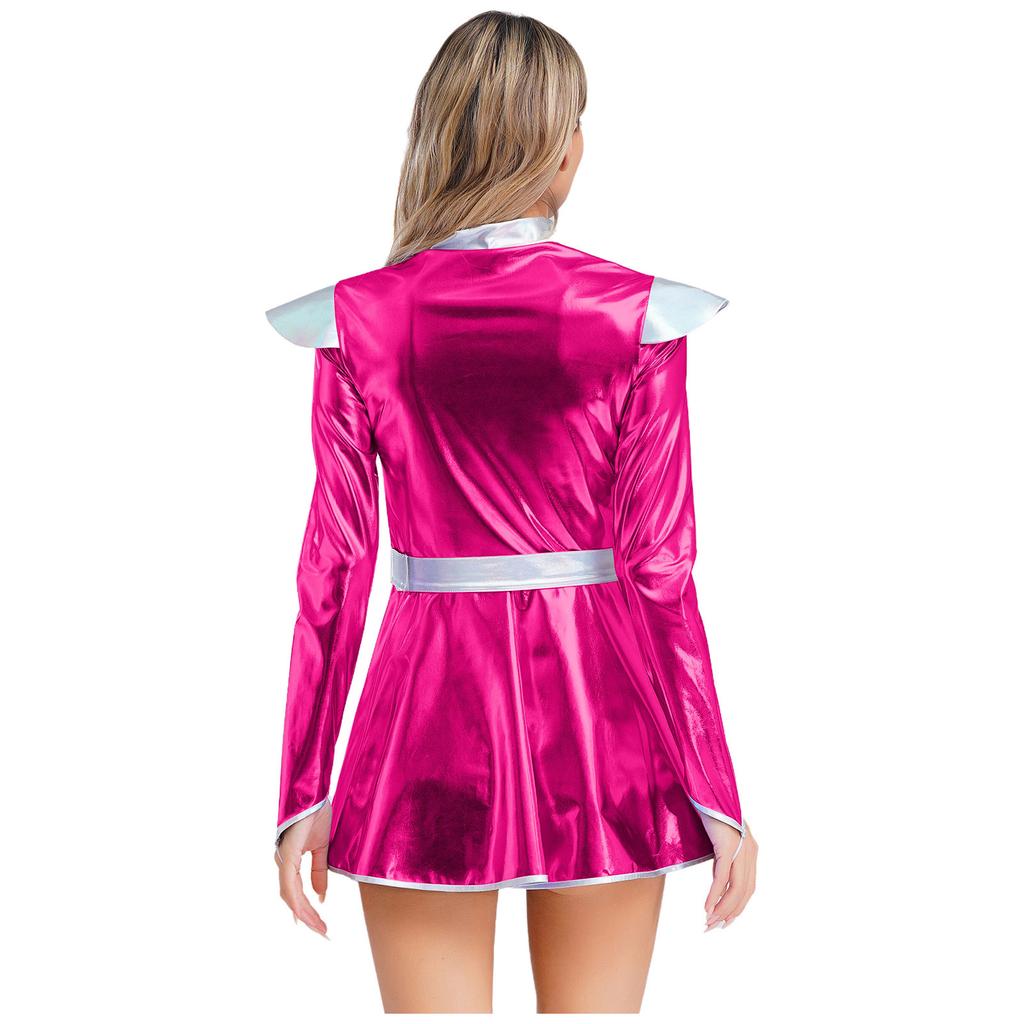 Womens Alien Costume Long Sleeves Front Zip A Line Dress Belt Design Shiny Metallic Outer Space Robot Costume