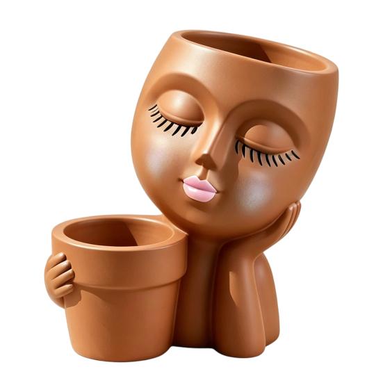 Creative Eyelash Doll Succulents Planter, Cute Sleeping Face Ceramic Pot with Double Holes, Kawaii Desktop Decor for Office Desk, Indoor Small Plant