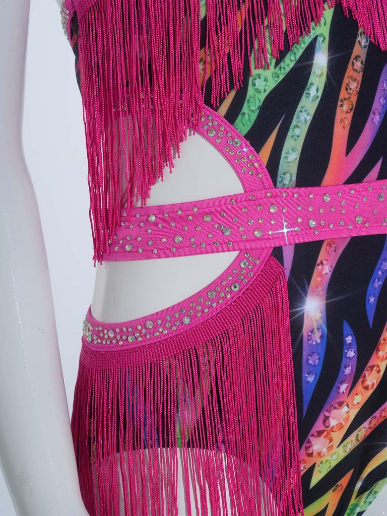 Kids Rhinestone Tassel Latin Dance Competition Bodysuit Halter Sleeveless Crisscross Back Side Cutout Jumpsuit for Stage Show