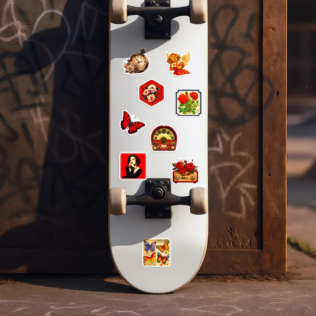 50Pcs Red Aesthetic Vintage Rose Stickers - Non-repeating Decals for Phone/Notebook/Cup Decor