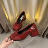 French retro thick heel single shoes black women's shoes summer evening bow light mouth high heels red grandma shoes