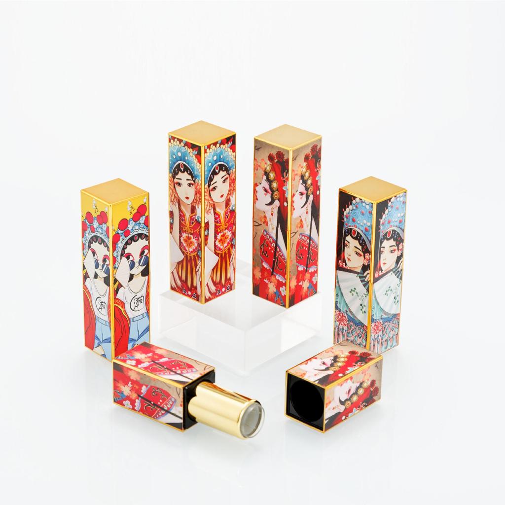 Peking Opera Gold Lipstick Tube with 3D Relief & Magnetic Closure, Square Case 12.1