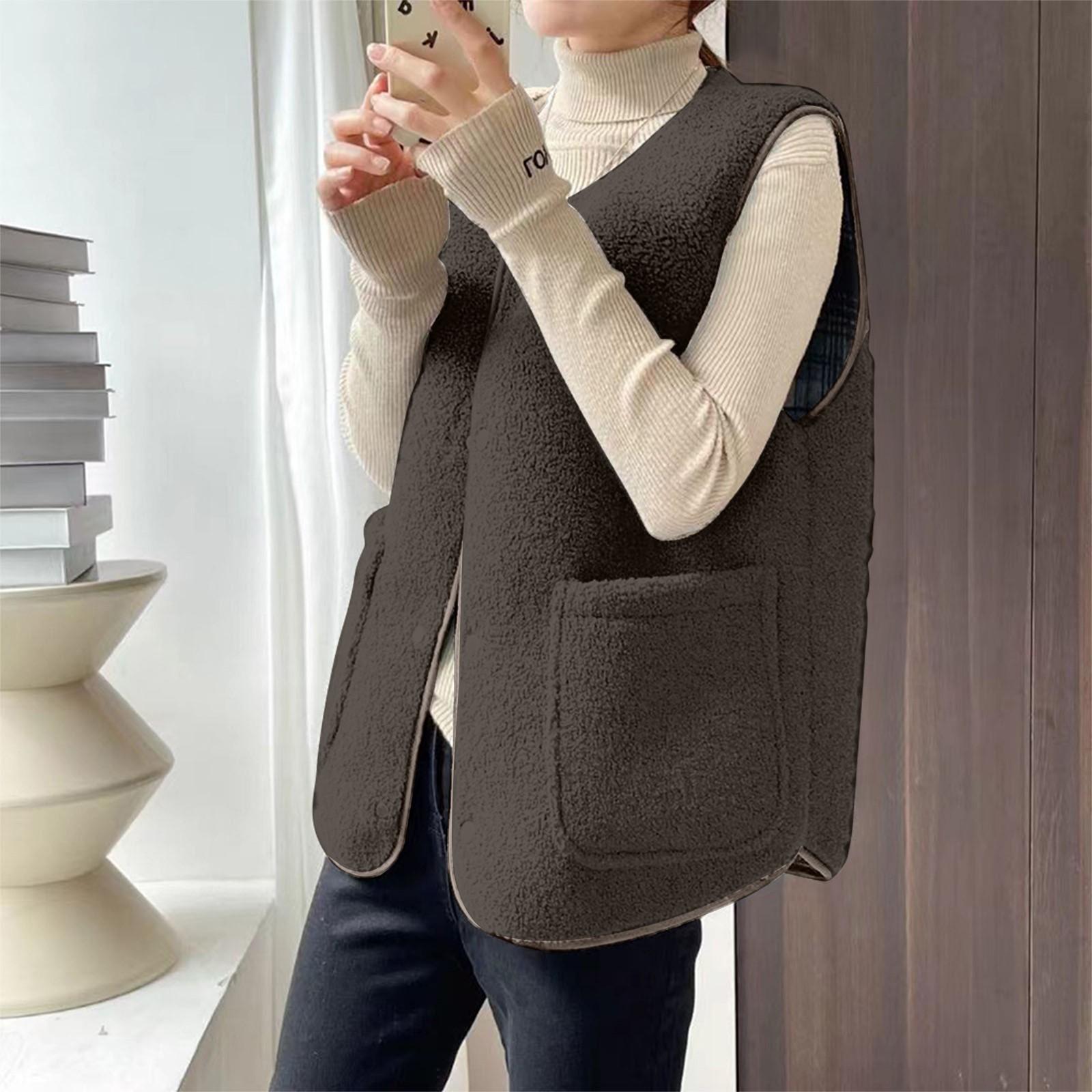 

Женский и зимний жилет из искусственной овечьей шерсти в клетку, жилет с круглым вырезом, двусторонний жилет из зернистого флиса XXL кофейный