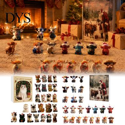 Calendrier de l'Avent de Noël pour Amoureux des Chats, Boîte Compte à Rebours 24 Jours avec Accessoires Décoratifs à Suspendre, Pendentifs en Acrylique, Décoration d'Arbre Festif, Fête de Fête