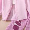 Teenagers Children Set 2025 Autumn New Girls Ripped Jeans Long Sleeve Striped Shirt Pink Hip-Hop Style Two-Piece Set