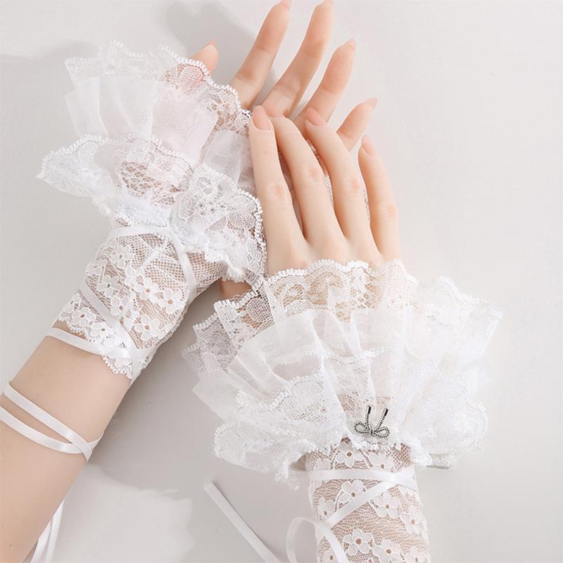 Sweet Lolita Lace Thin Decorative Arm Sleeves Detachable Flare Ruffles Wristband Girl Bowknot Fake Cuffs Style Accessories