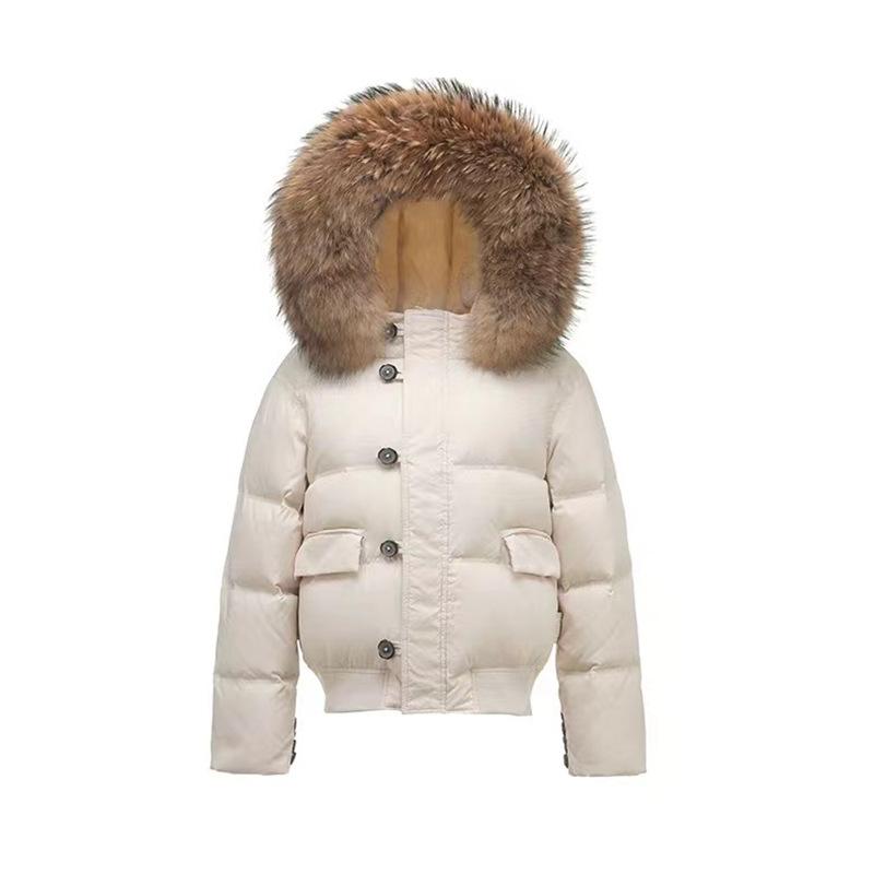 Jachetă scurtă de damă cu guler mare de blană, stil utilitar, rezistentă la vânt, iarnă 2025, groasă, pentru frig extrem, puf de rață albă, jachetă mică tip pâine, la modă