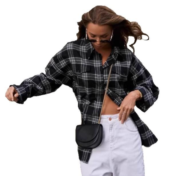 American black and white plaid shirt women's 1116 autumn street casual loose outside stacked women's shirt