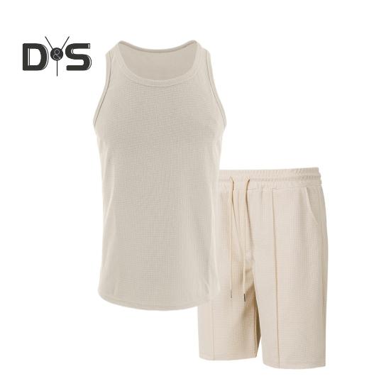 

2 шт./компл. Мужская спортивная одежда из вафельной ткани, однотонный жилет без рукавов с круглым вырезом и эластичной талией, широкие шорты, повседневная одежда L хаки