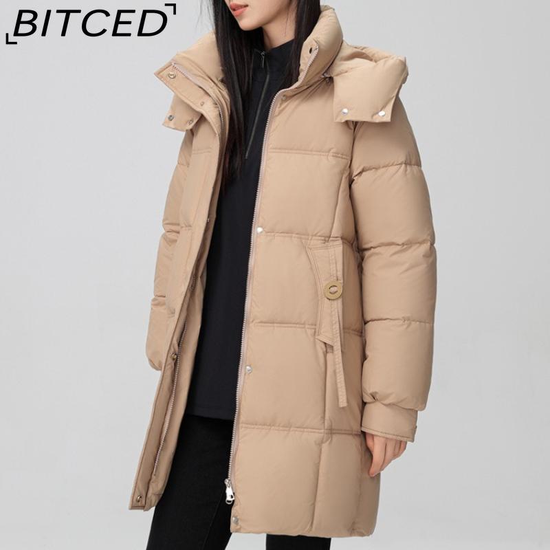 BITCED Fashionable Mid-Length Cotton Coat for Women Trendy Casual Warm-Weather Jacket with Detachable Hood