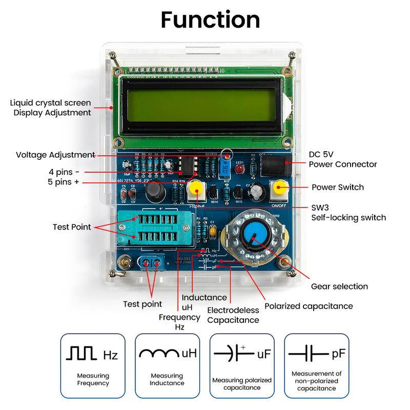 DC5V High Precision Digital Inductance and Capacitance Measuring Instrument DIY Kit with USB Data Cable LCD Frequency Meter