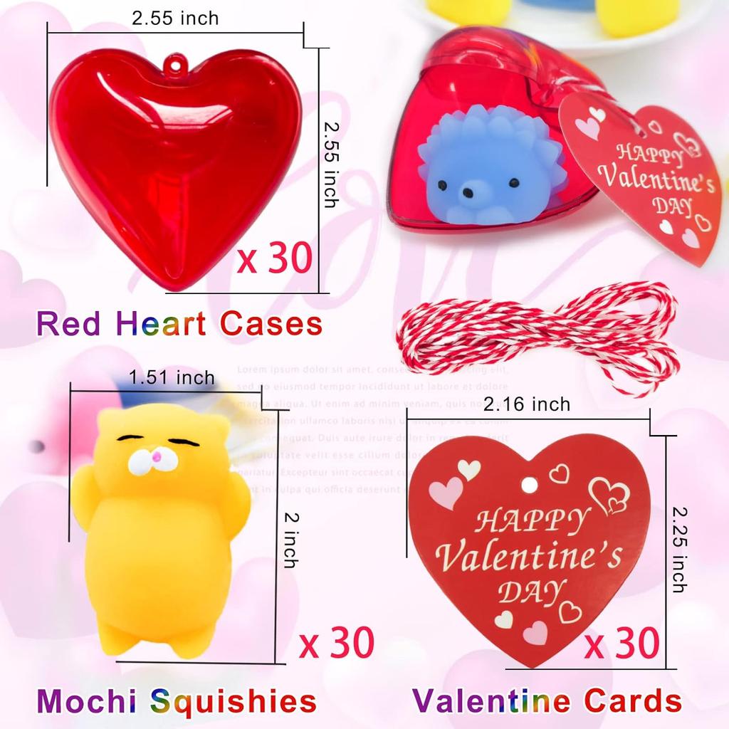 30 Pack Kids Valentines Party Favors Set 30 Mochi Squishy Toys Red Heart Plastic Box with Valentine Cards for Kids Boy Girl Valentine Gifts School
