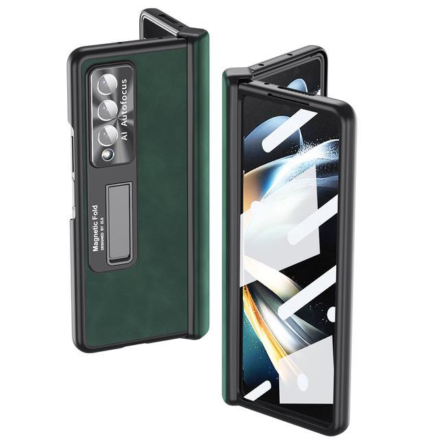 Fashion Front Glass Protector Leather Case For Samsung Galaxy Z Fold4 Zfold4 Fold 3 Fold3 Fold 4 Comfortable Kickstand Cover