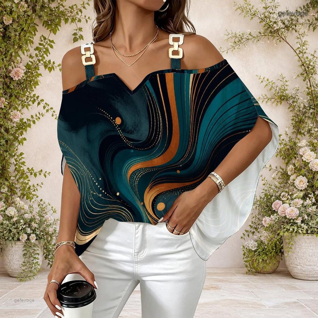 Women Plus Size Off Shoulder Double Strap Short Sleeve Galaxy Smoke Print Blouse