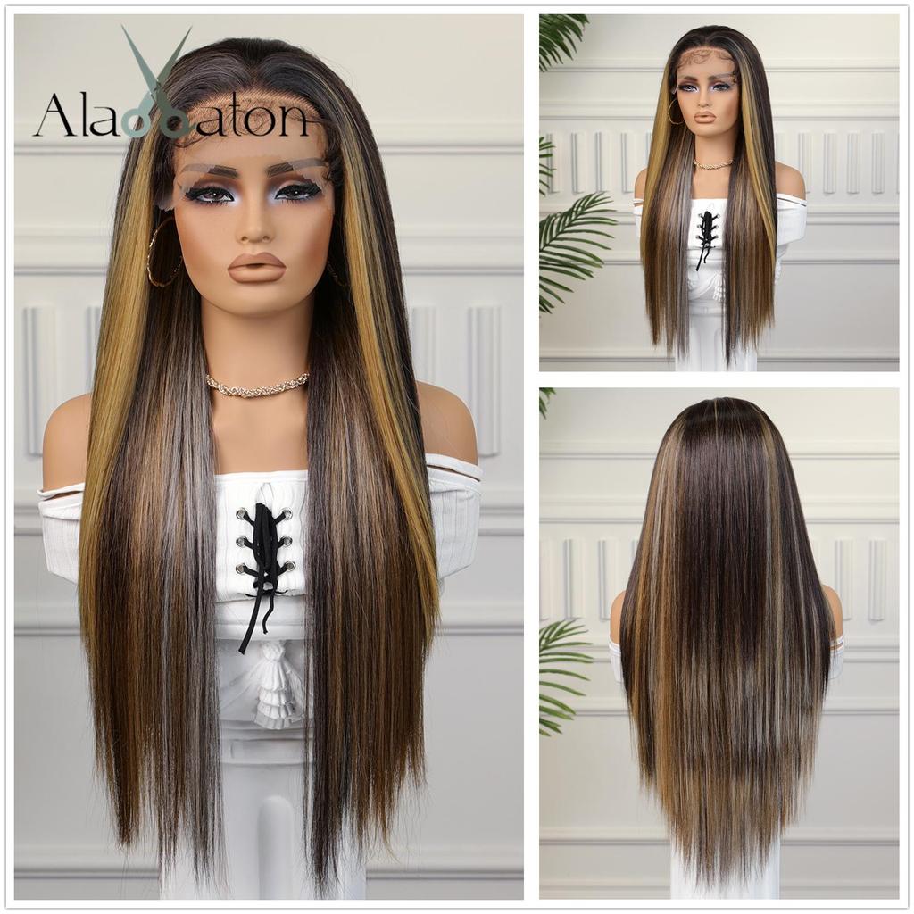 ALAN EATON Women's Fashion 13x4 Lace Front Wigs Black/Golden/Blonde Synthetic Long Straight Wig with Baby Hair for Women 180 Density