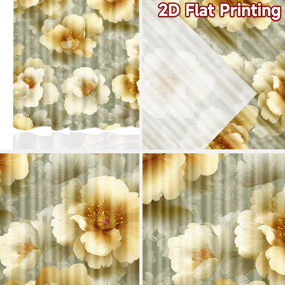 Set Of 2 Flat Printing Curtains Without Rod Floral Peonies Gray New Year Holiday Fabric Curtain Polyester Machine Washable