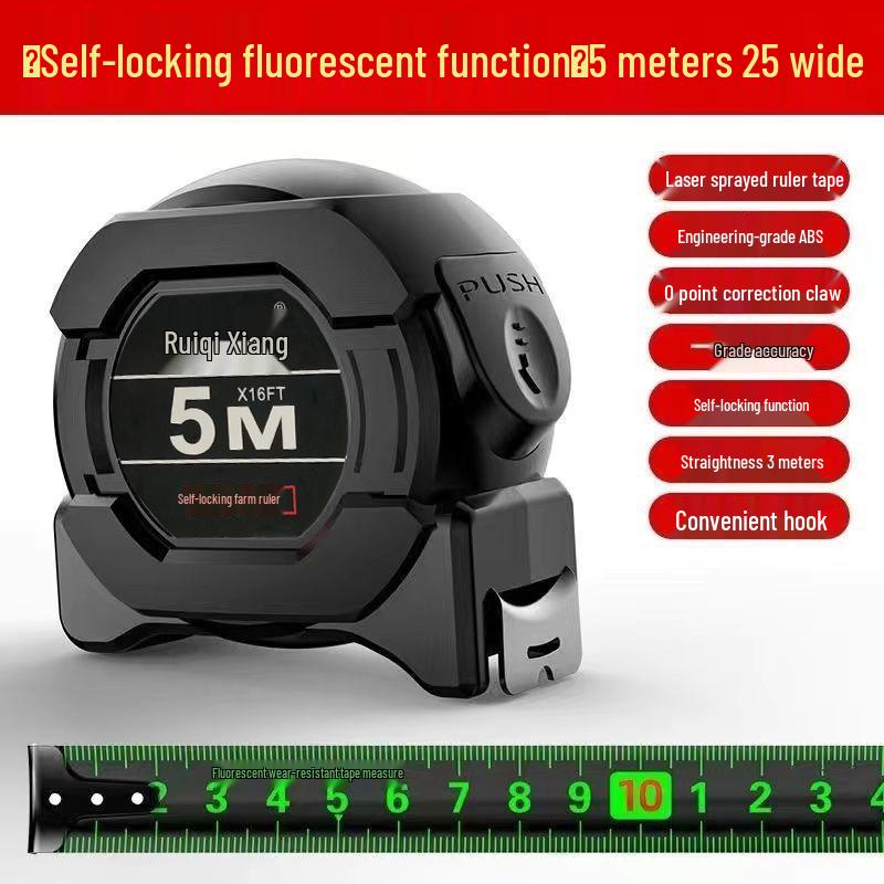 5m/10m Self-Locking Fluorescent Tape Measure, High Precision Stainless Steel, Wear-Resistant, Black & Gold, Thickened Casing