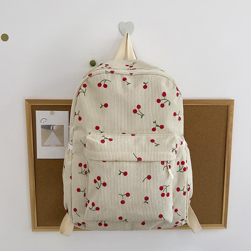 Women Cherry cute Schoolbag girls students backpack large-capacity corduroy backpack