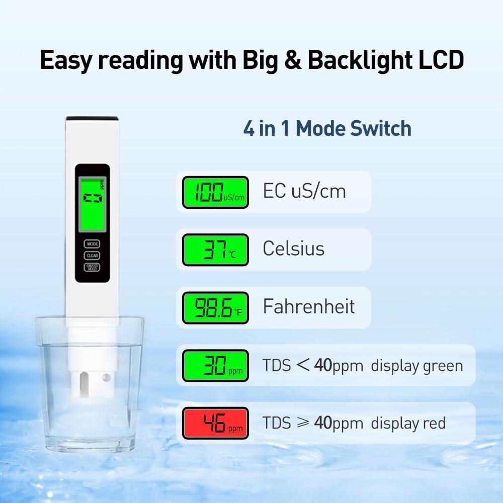 3 in 1 TDS-Messgerät Digitaler Wasserqualitätsprüfer, EC/Temperatur 0-9990 ppm, Tragbar mit Trageledertasche zum Trinken