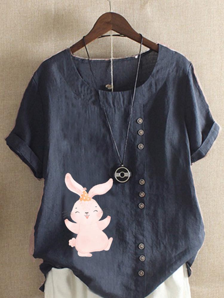 Women's Fashion Cute Rabbit Print Shot Sleeve T-shirt Loose Cotton Shirt Casual Loose Summer Blouse Tops Plus Size