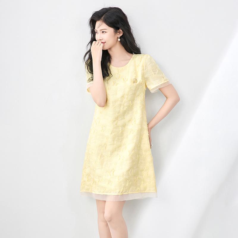 

Women s Summer Mesh Jacquard Cut-Out Dress with Round Neck Extra Large жёлтый