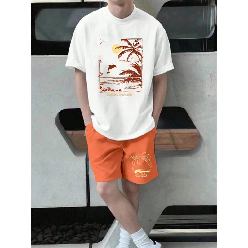 Men's Suit Hawaiian Gradient Coconut Print Suit Summer Beach T-Shirt and Pants 2 Piece Fashion Sports Plus Size Men's Suit